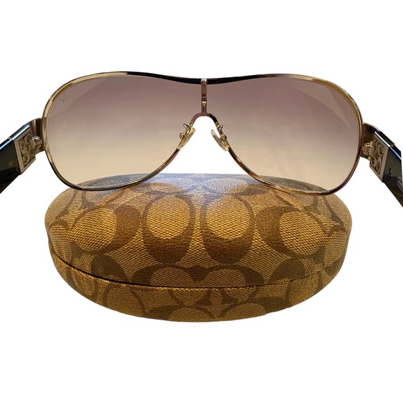 COACH Aviator Shield Sunglasses NWOT in Black & Silver w/Rhinestone Logo Detail - Picture 12 of 14